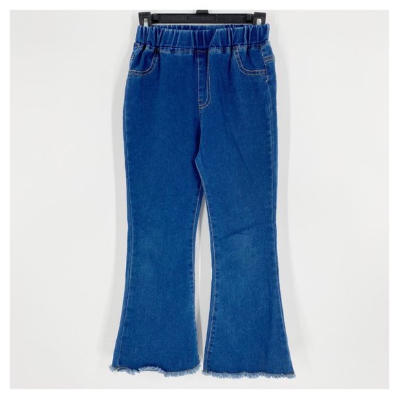 Girls Pull On Denim Jeans Flare Leg Raw Hem No Size Tag Lightweight Chambray Fee - Picture 1 of 5